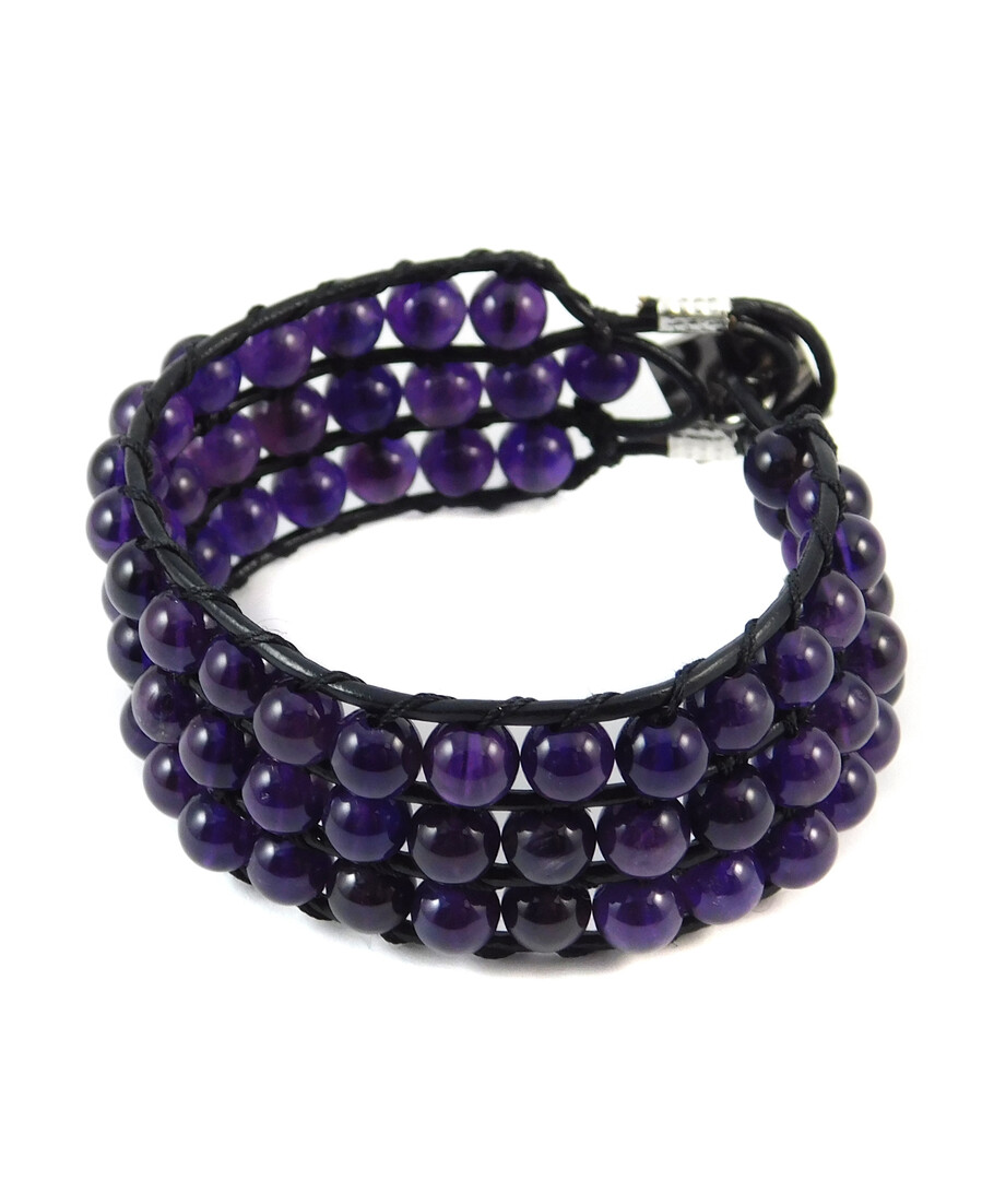 Amethyst leather bracelet, 3-row