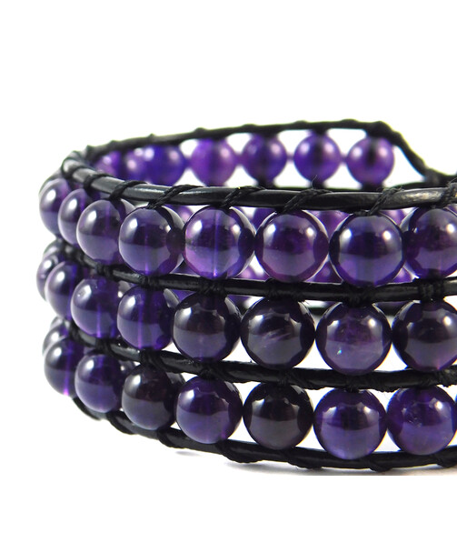 Amethyst leather bracelet, 3-row