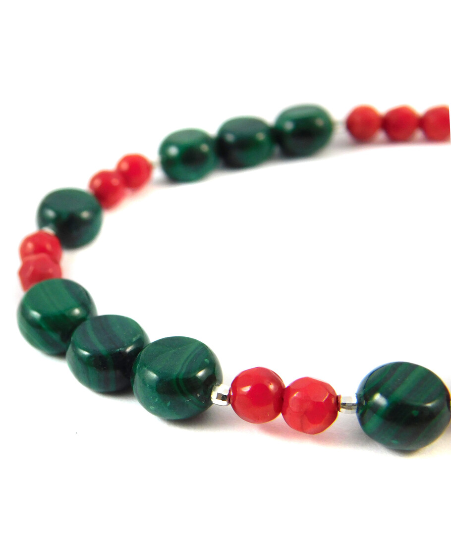 Bracelet "Goji" Malachite, Coral, silver