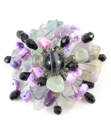 Brooch "Riddle" Agate, Fluorite, Mother-of-Pearl crumb