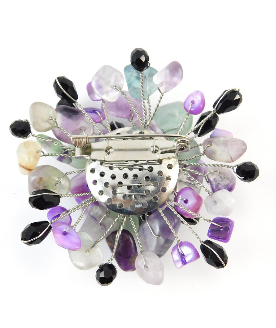 Brooch "Riddle" Agate, Fluorite, Mother-of-Pearl crumb