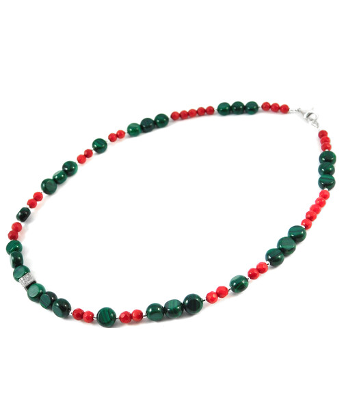 Necklace "Goji" Malachite, Coral, silver