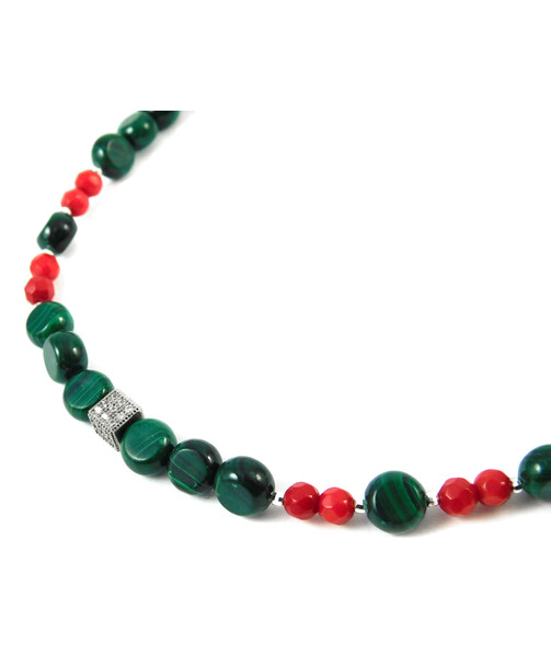 Necklace "Goji" Malachite, Coral, silver