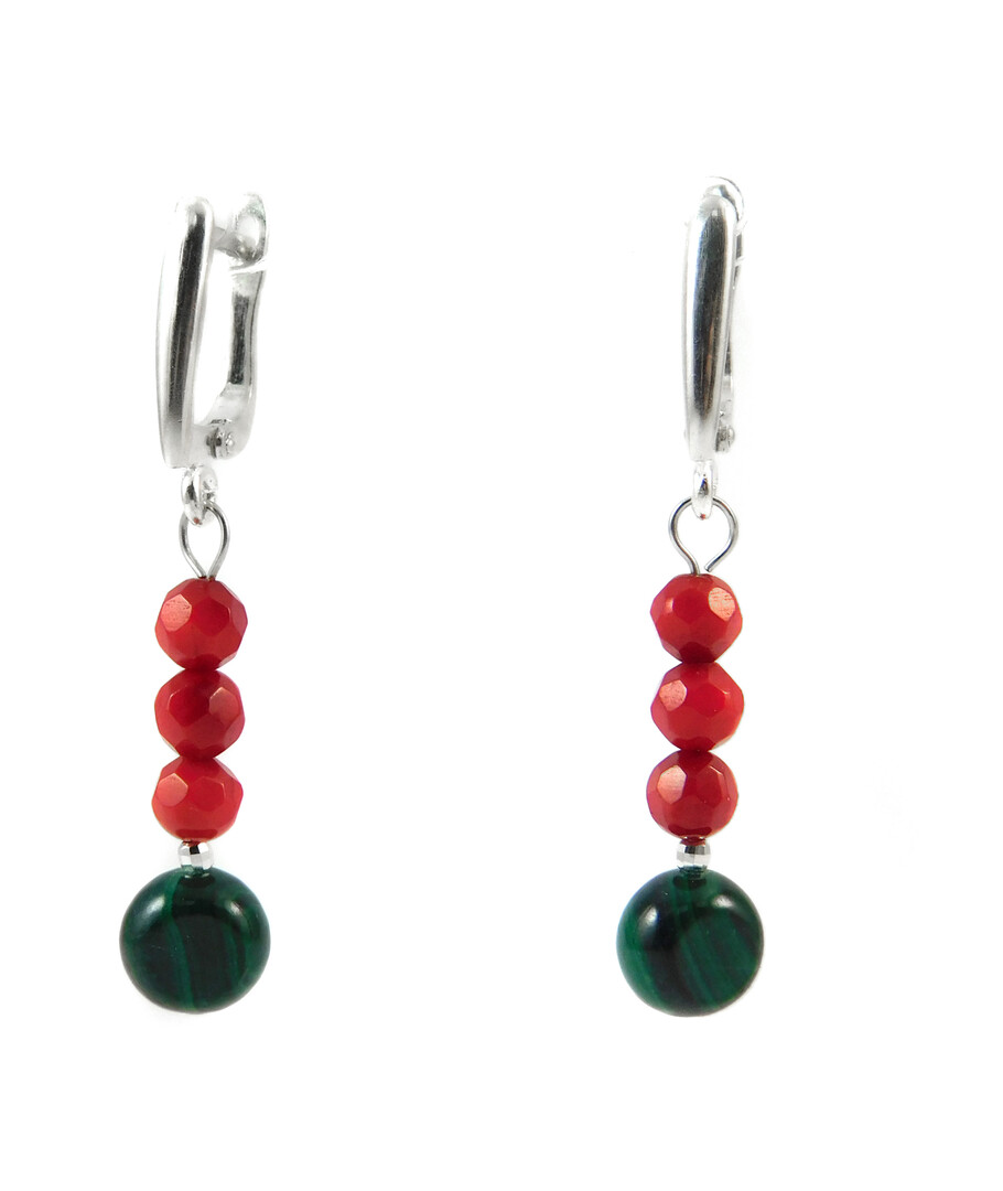 Earrings "Goji" Malachite, Coral, silver