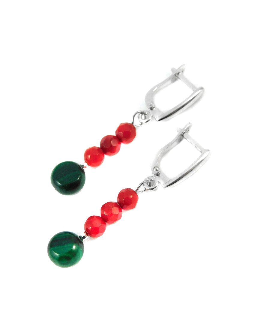 Earrings "Goji" Malachite, Coral, silver