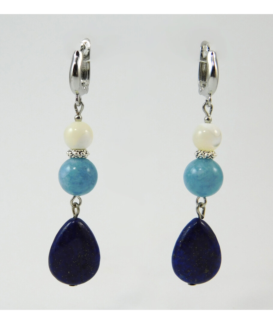 Earrings "Cocktail" lapis lazuli drop, mother of pearl, aquamarine