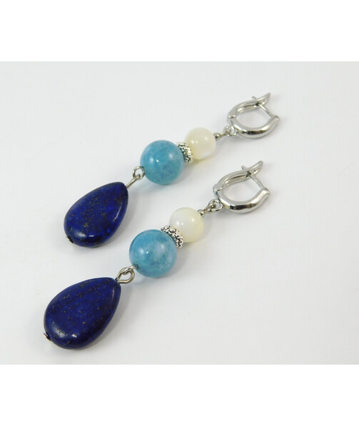 Earrings "Cocktail" lapis lazuli drop, mother of pearl, aquamarine