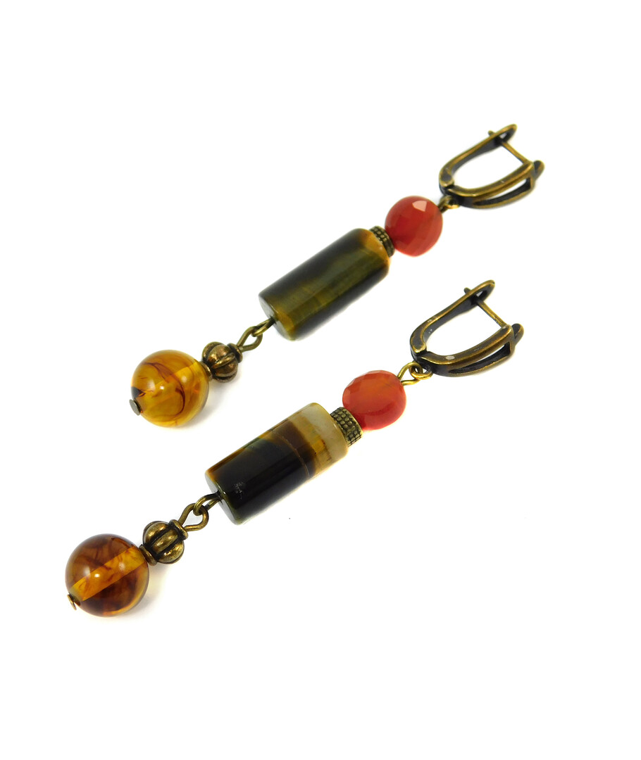 Earrings "Cocktail" Amber, Hawk's eye, Carnelian