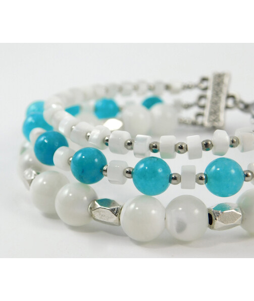 Bracelet "Three colors" Aquamarine, Mother of pearl