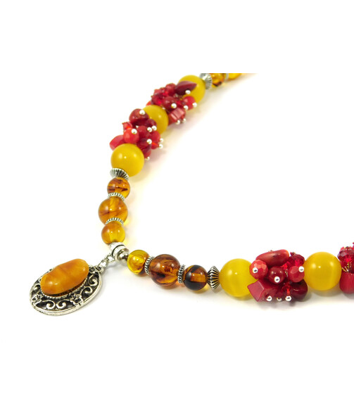 "Solar" necklace Amber, Cat's eye, Coral