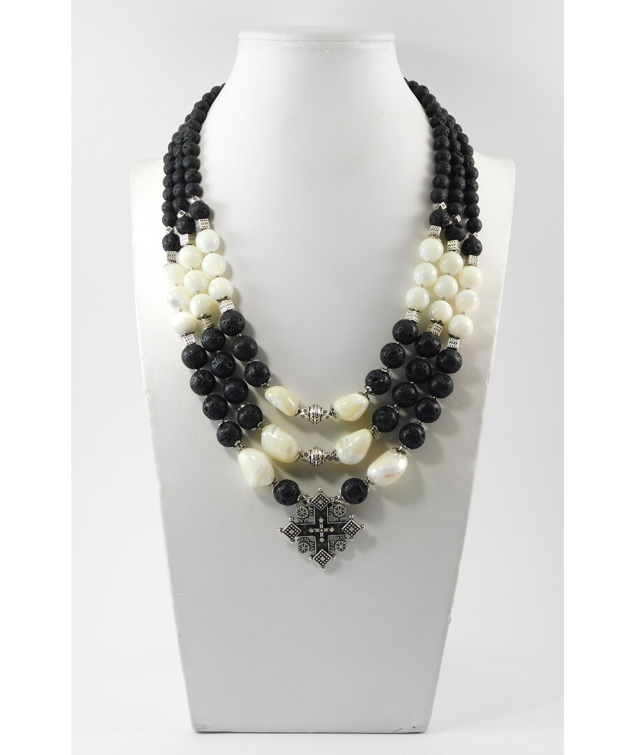 Necklace "Chess Queen" Mother-of-pearl, lava