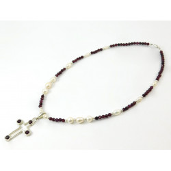 Necklace "Perfection" Garnet facet, Pearls, silver