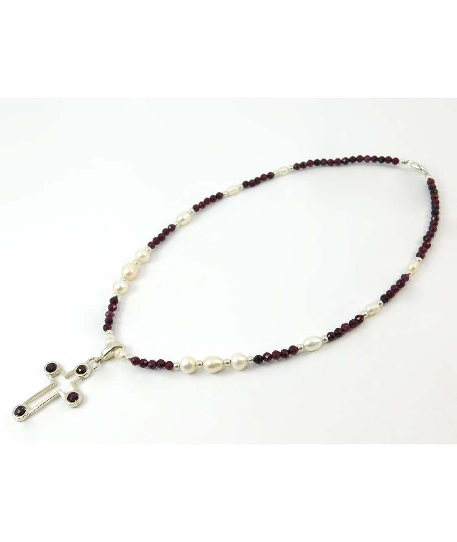 Necklace "Perfection" Garnet facet, Pearls, silver