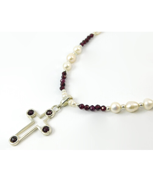 Necklace "Perfection" Garnet facet, Pearls, silver