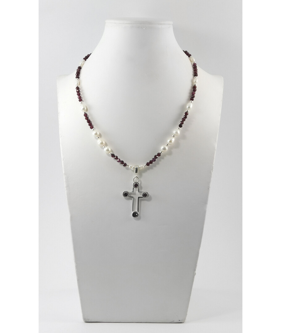 Necklace "Perfection" Garnet facet, Pearls, silver