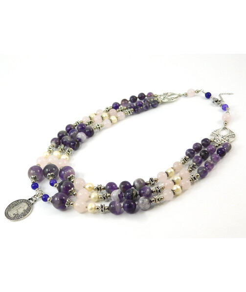 Necklace "Melinda" Amethyst, Rose Quartz, Pearls