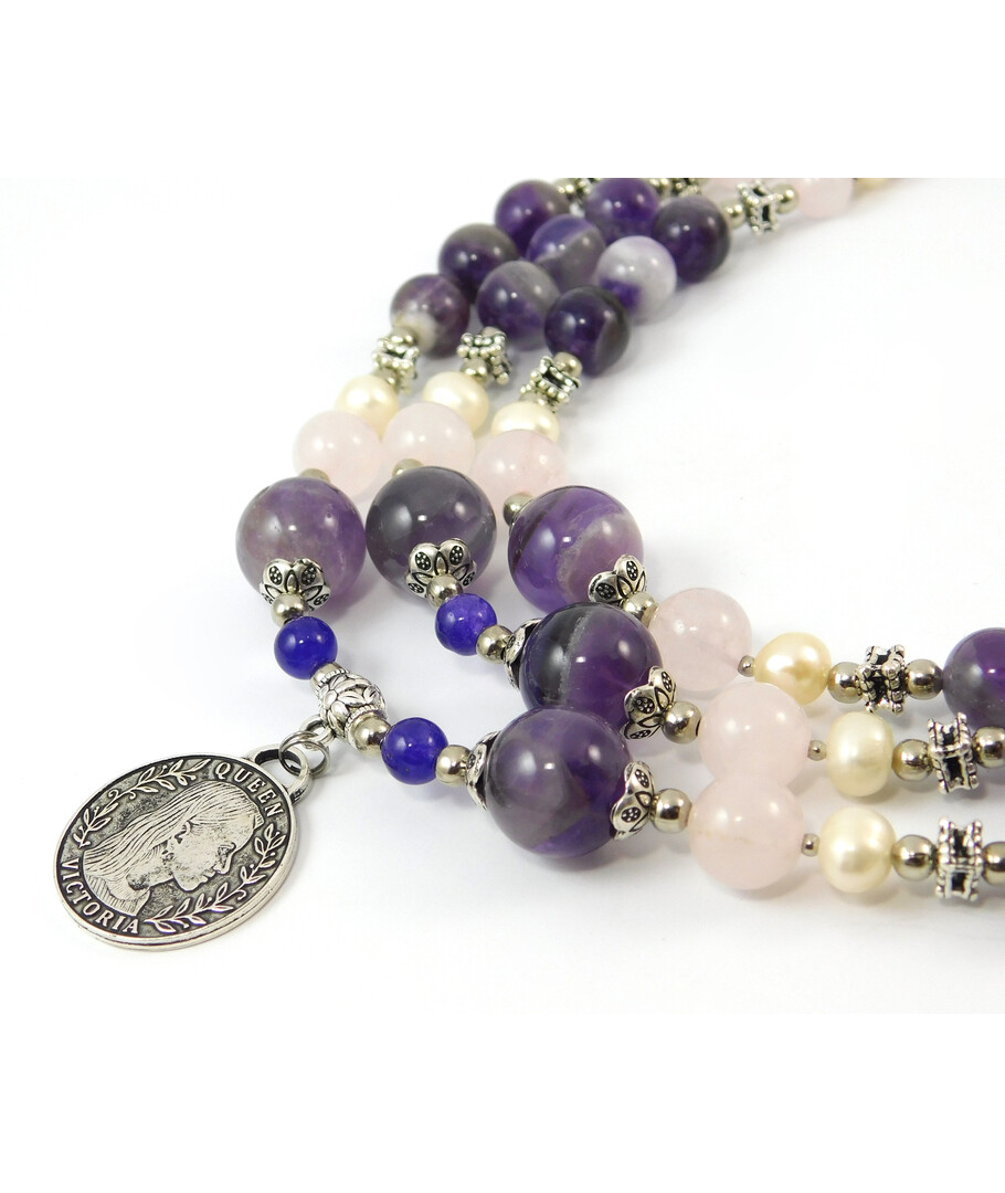 Necklace "Melinda" Amethyst, Rose Quartz, Pearls