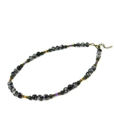 Necklace "Kronos" Obsidian, Snake, Amethyst facet, Cat's eye facet