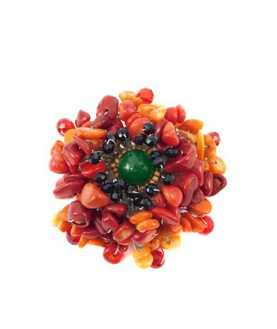 Brooch "Spring Poppy" Chrysoprase, Coral crumb