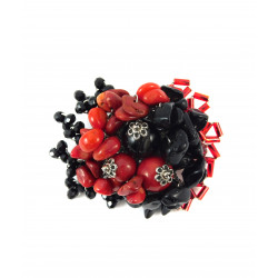 Brooch "Red and black" Coral, agate, beads, Czech glass