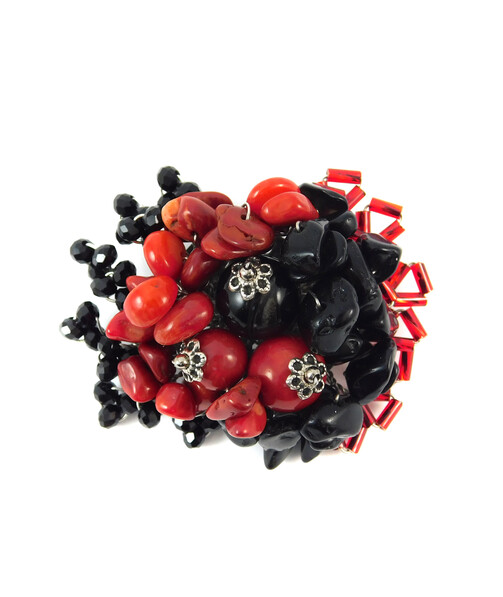 Brooch "Red and black" Coral, agate, beads, Czech glass