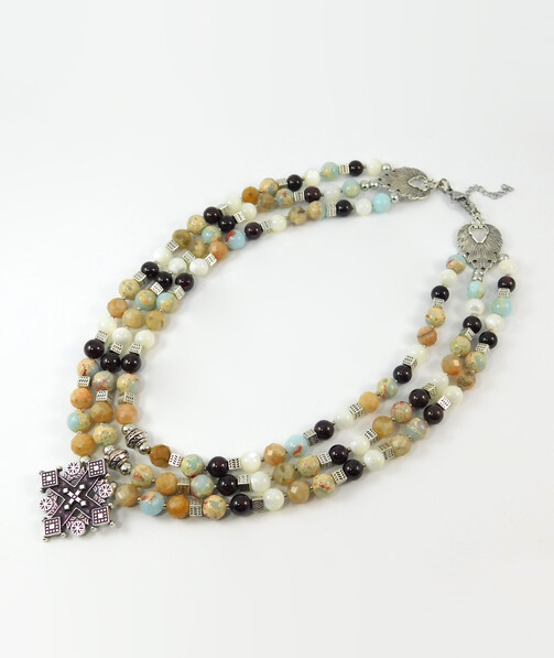 Necklace "Hutsul Motifs" Sunstone, Variscite, Garnet, Mother of Pearl