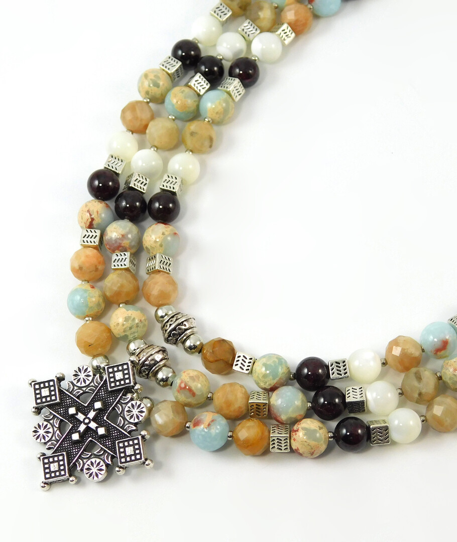 Necklace "Hutsul Motifs" Sunstone, Variscite, Garnet, Mother of Pearl