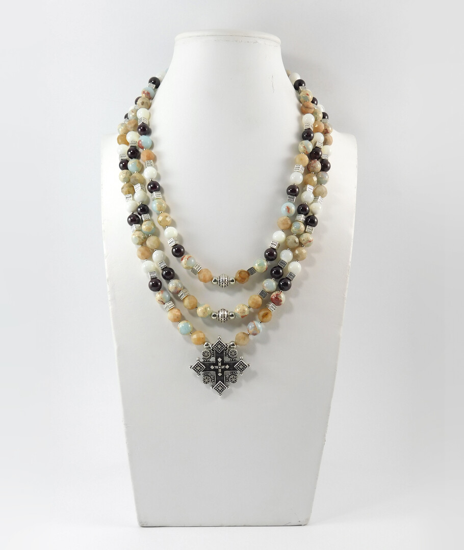 Necklace "Hutsul Motifs" Sunstone, Variscite, Garnet, Mother of Pearl