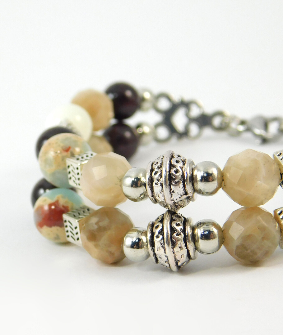 Bracelet "Hutsul Motifs" Sunstone, Variscite, Garnet, Mother of Pearl