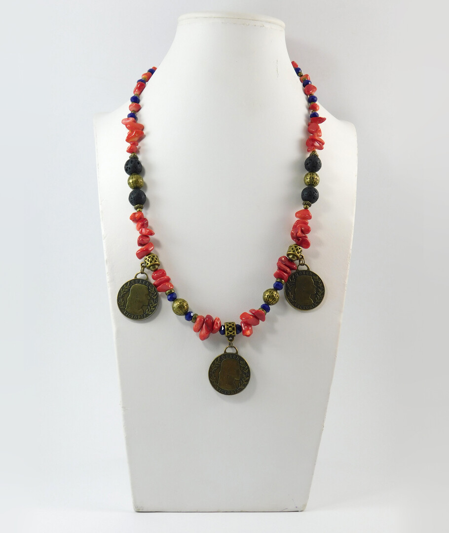 Necklace "Black flower" lava, small coral, Czech glass