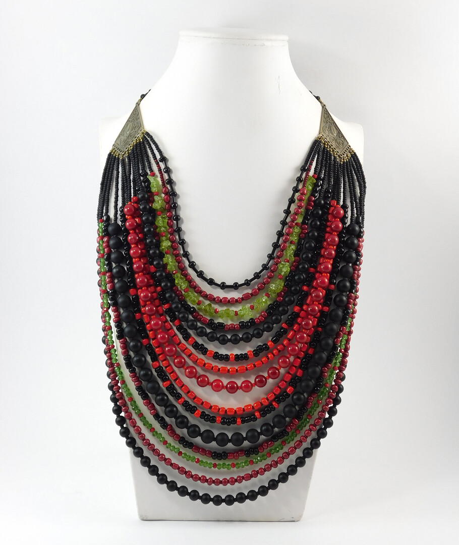 Necklace "Ikelia" Coral press, Shungite press, Chrysolite crumb, beads, Czech glass