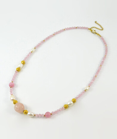 Necklace "Carnation" Pearls, Cat's eye, Rose quartz