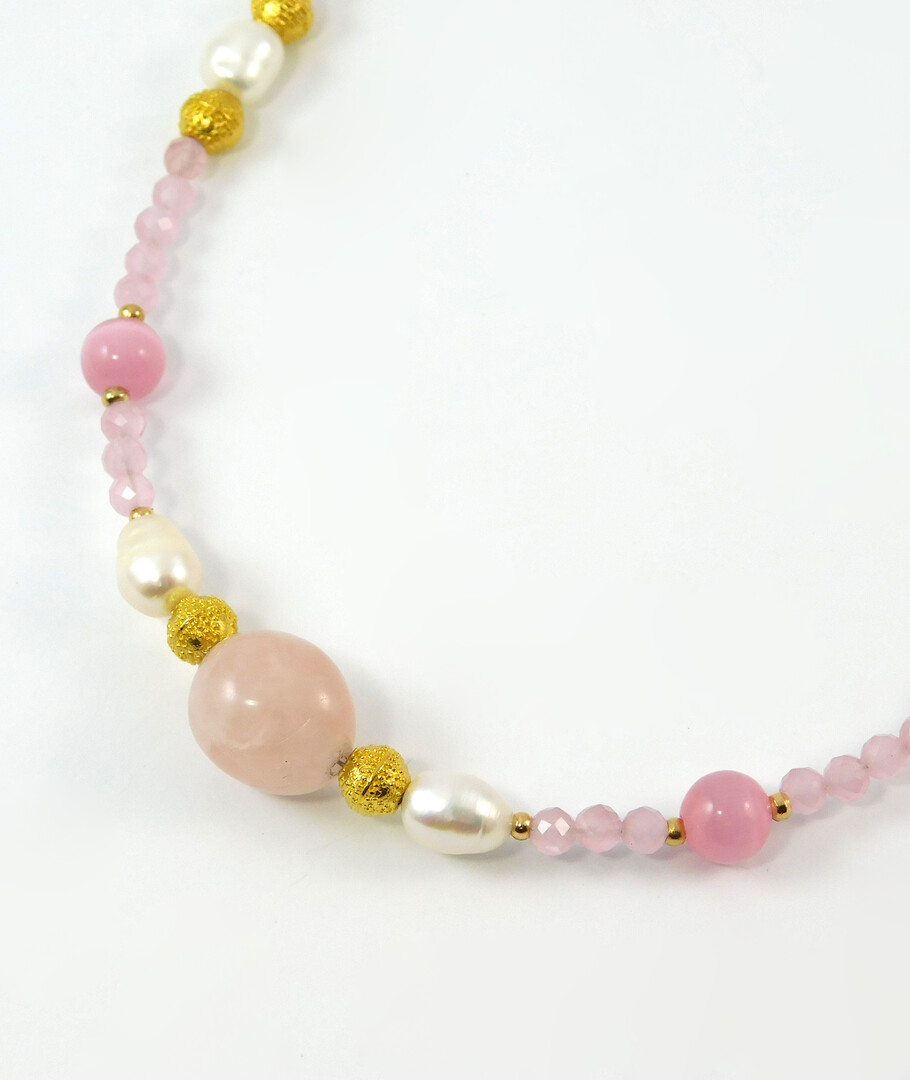 Necklace "Carnation" Pearls, Cat's eye, Rose quartz