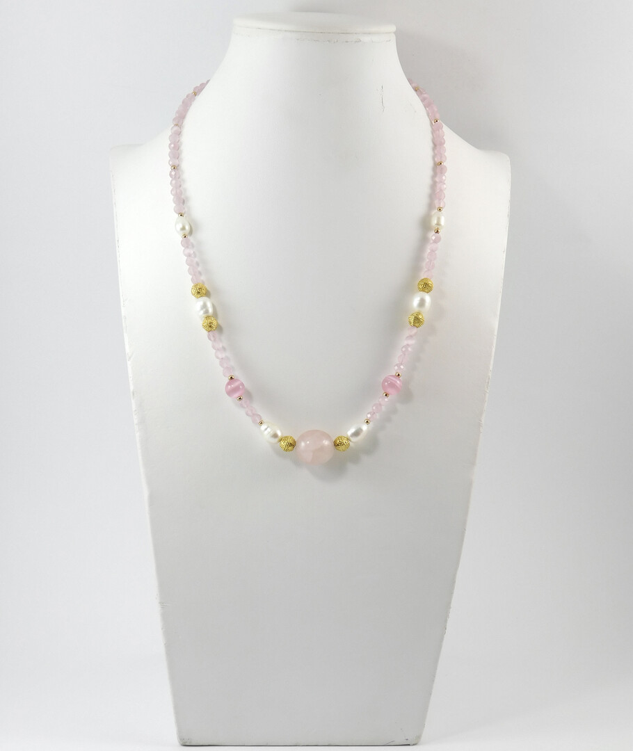 Necklace "Carnation" Pearls, Cat's eye, Rose quartz