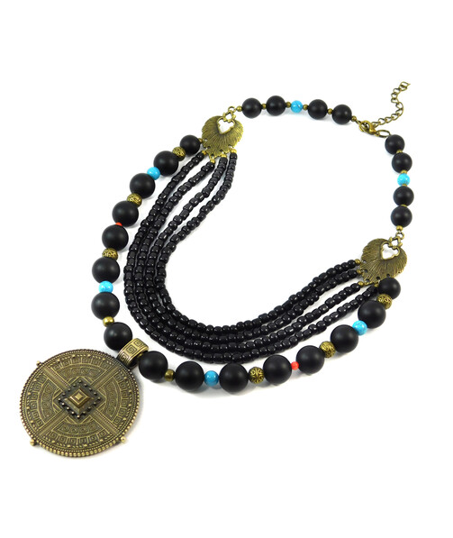 Necklace "Culture" Shungite press, Turquoise, Coral, beads