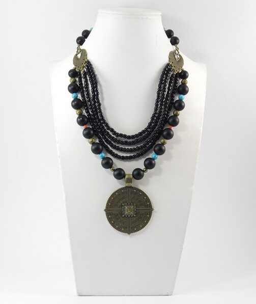 Necklace "Culture" Shungite press, Turquoise, Coral, beads