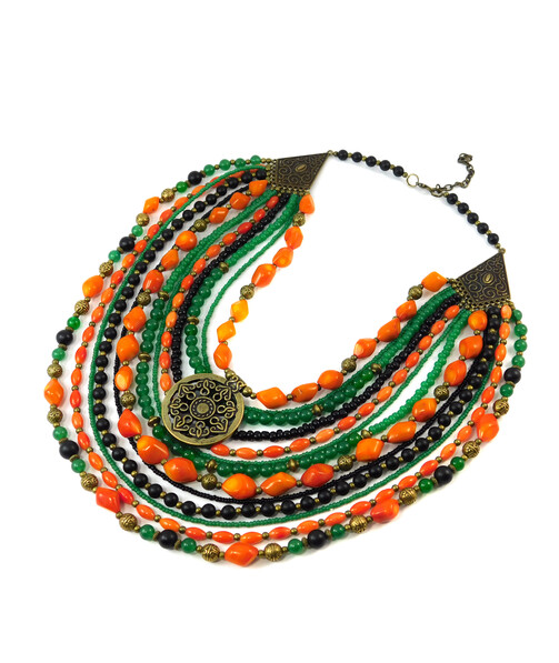 Necklace "Hoverla" Coral, chrysoprase, shungite press, beads