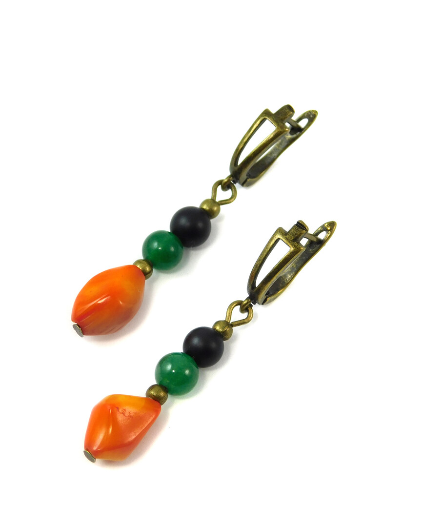 Earrings "Hoverla" Coral, Chrysoprase, Shungite press