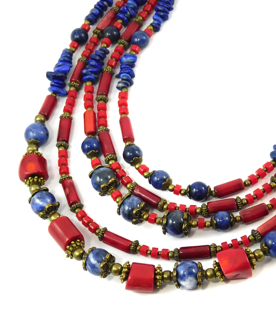 "Hypernova" necklace Sodalite, Coral, Lapis lazuli