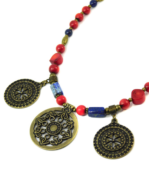 Necklace "Sunflower 2" Coral, lapis lazuli