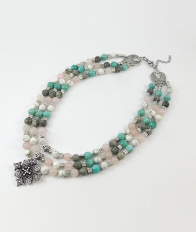 Necklace "Hutsul Motifs", Amazonite, Caholong, Jasper, Rose Quartz