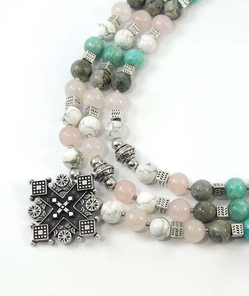 Necklace "Hutsul Motifs", Amazonite, Caholong, Jasper, Rose Quartz