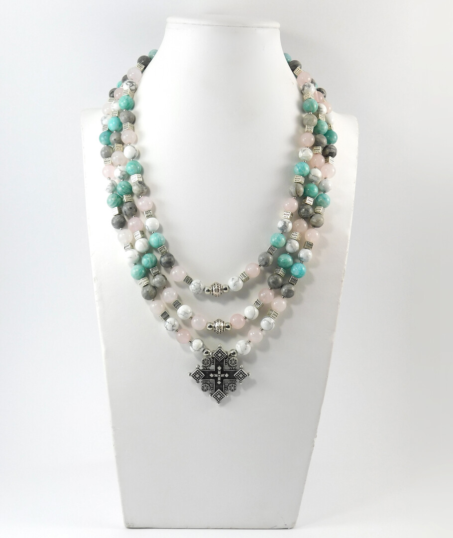 Necklace "Hutsul Motifs", Amazonite, Caholong, Jasper, Rose Quartz