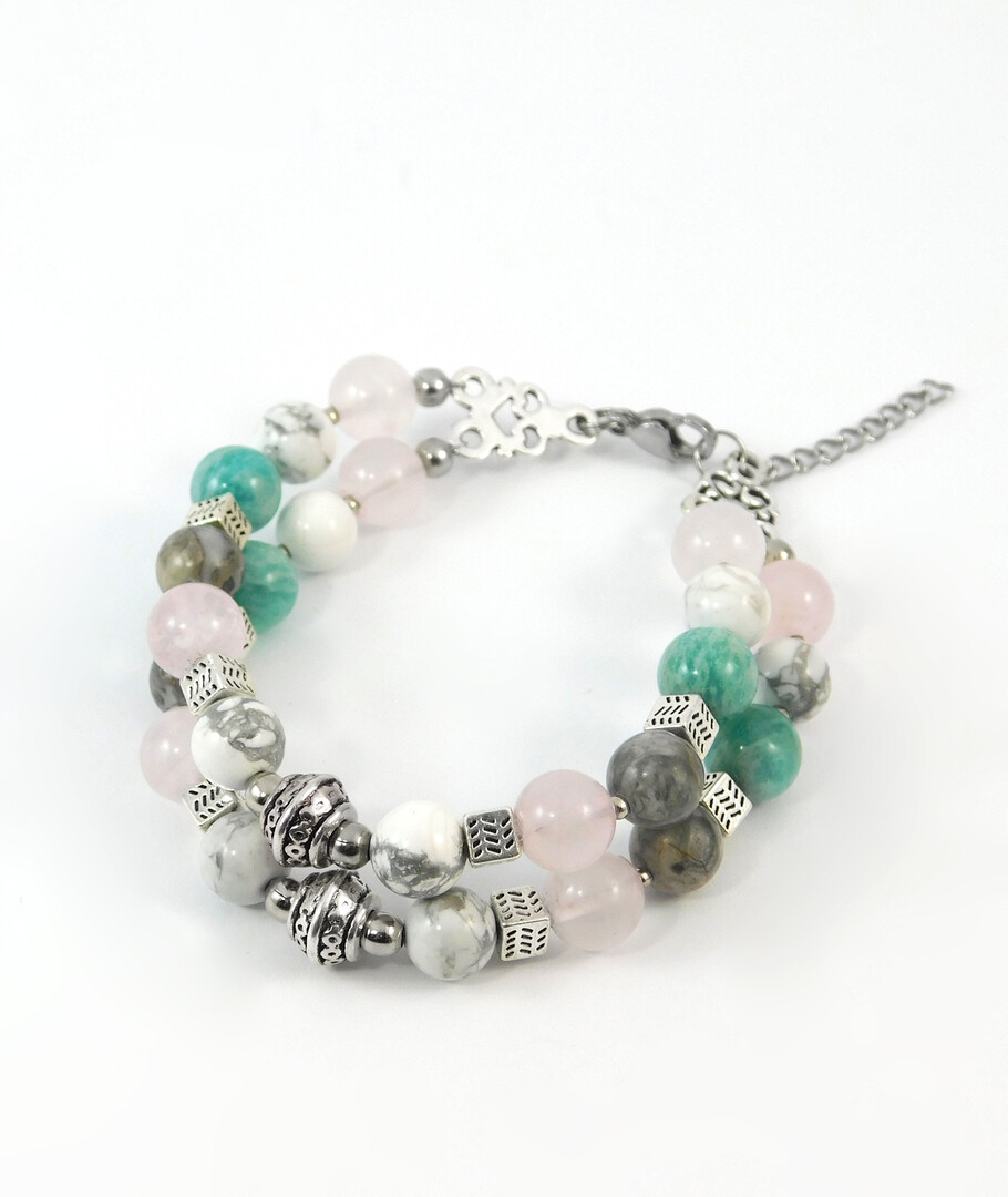 Bracelet "Hutsul Motifs", Amazonite, Caholong, Jasper, Rose Quartz