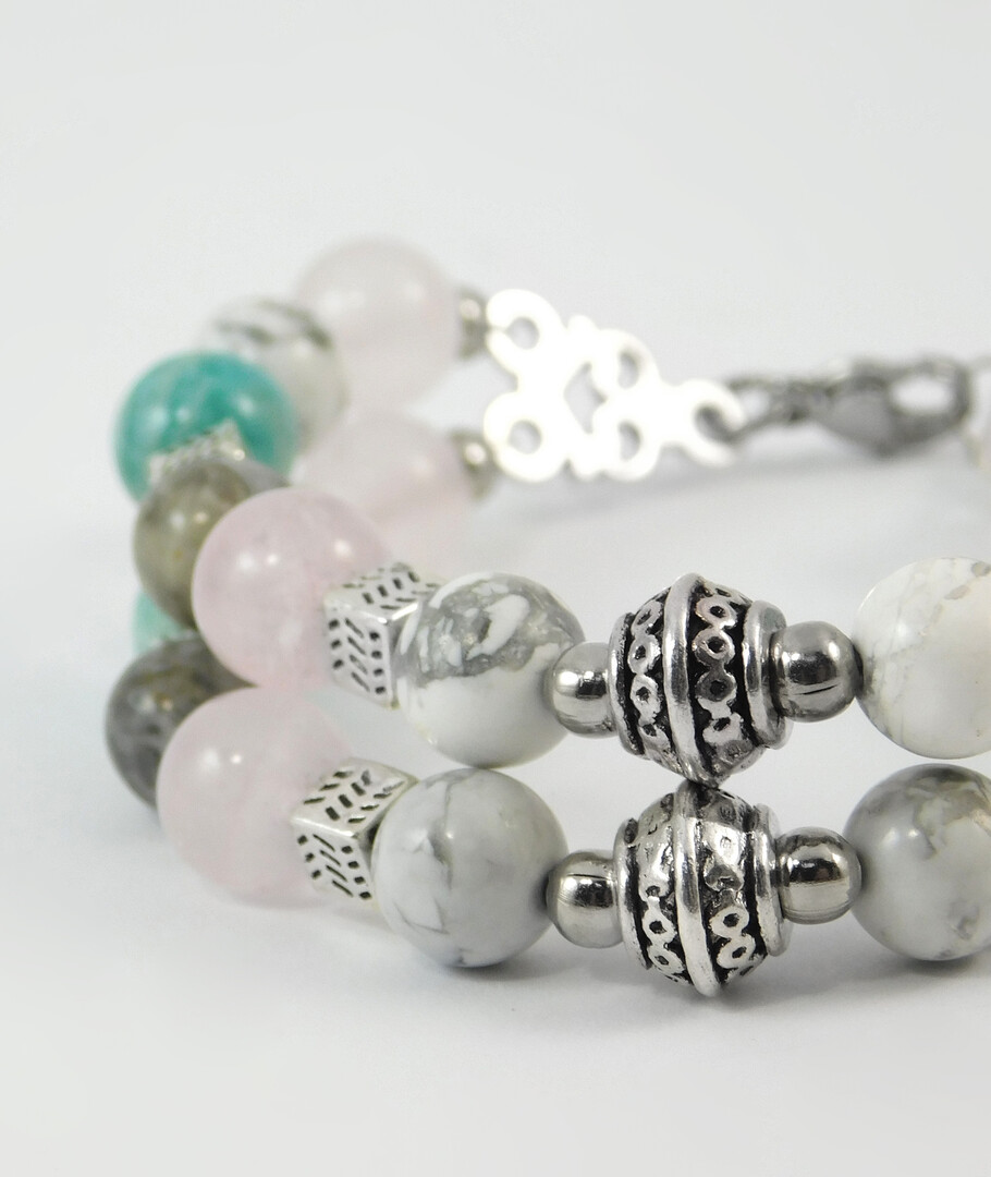 Bracelet "Hutsul Motifs", Amazonite, Caholong, Jasper, Rose Quartz