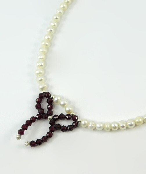 Necklace "Bow", Pearls, Garnet, silver