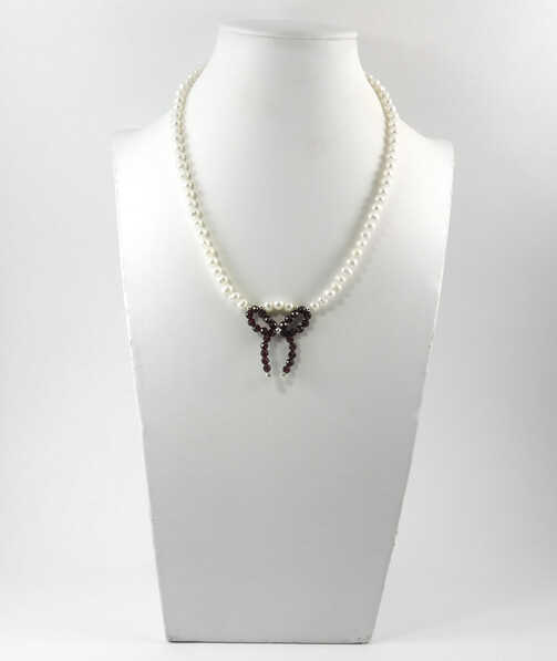 Necklace "Bow", Pearls, Garnet, silver