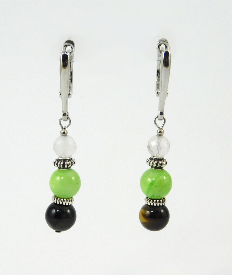 Earrings "Palm", Onyx, Hawk's eye, Rock crystal