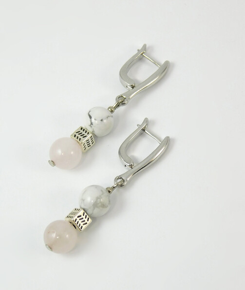 Earrings "Hutsul Motifs", Kaholong, Rose quartz