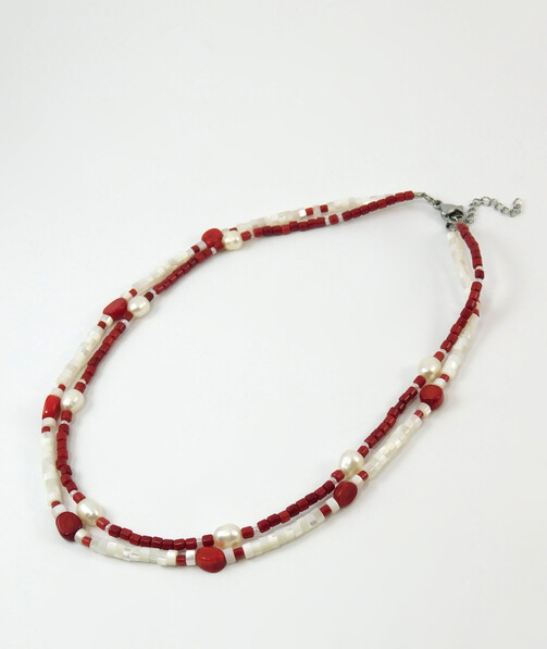 Necklace "Saturn" Pearls, coral, mother-of-pearl